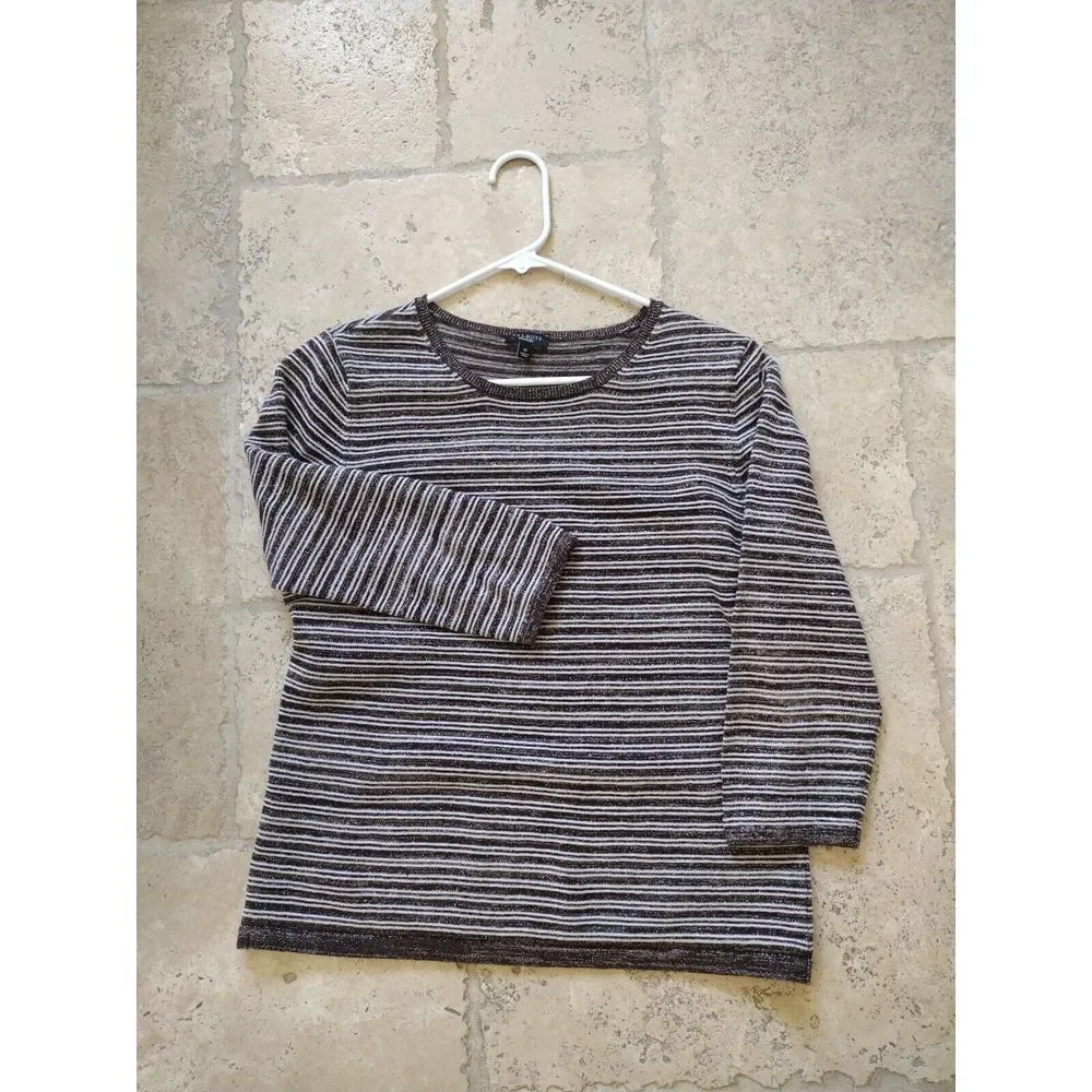 TALBOTS Blouse Woman Medium Gray Metallic Striped Linen Blen 3/4 Sleeves Knit‎